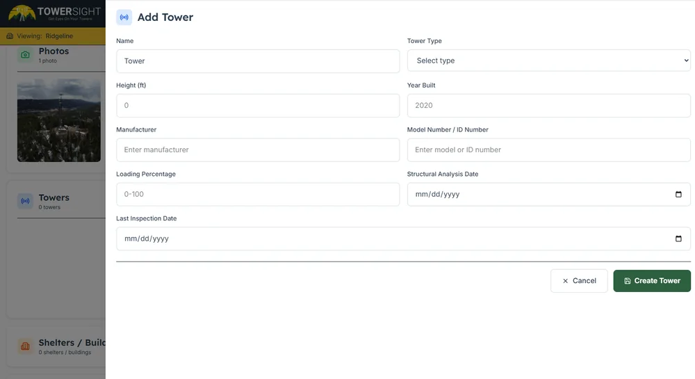 TowerSight add tower form capturing height, tower type, loading percentage, structural analysis date and last inspection date