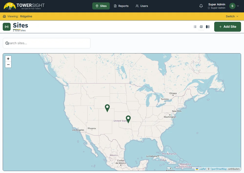 TowerSight sites dashboard scoped to the Ridgeline tenant, showing an interactive map of site locations