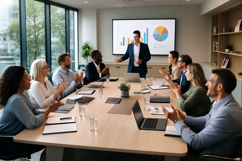 Business professional presenting charts on screen while diverse team members applaud in modern conference room
