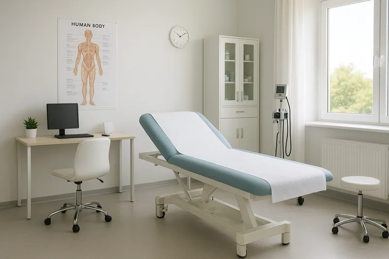 Bright medical examination room with exam table, computer desk, and anatomy poster
