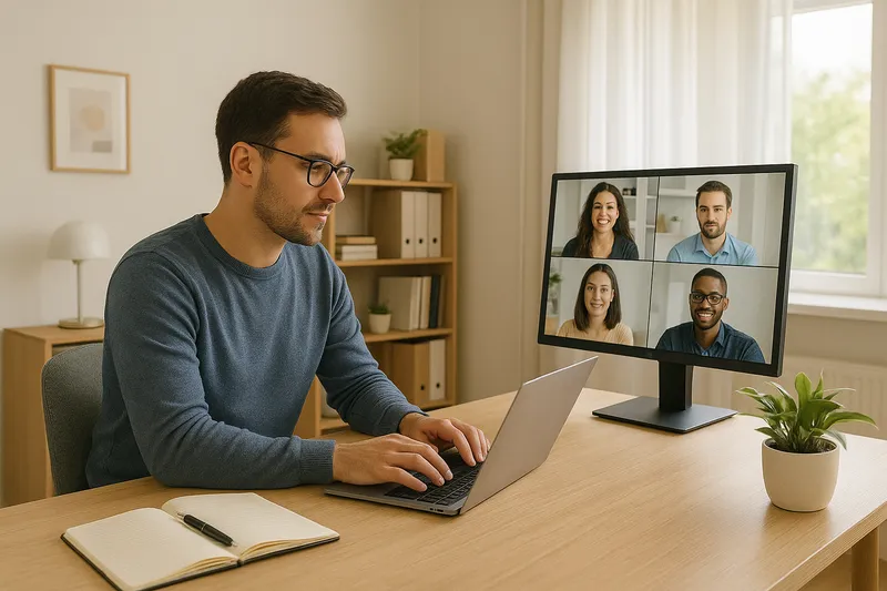 Man working from home office on laptop with video call showing four colleagues on monitor