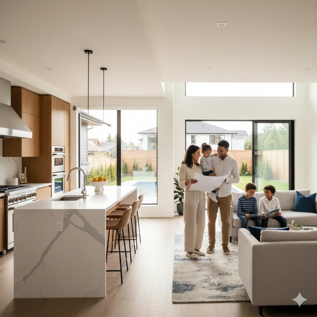 Family of four reviewing house blueprints in modern open-concept home with kitchen island and living area