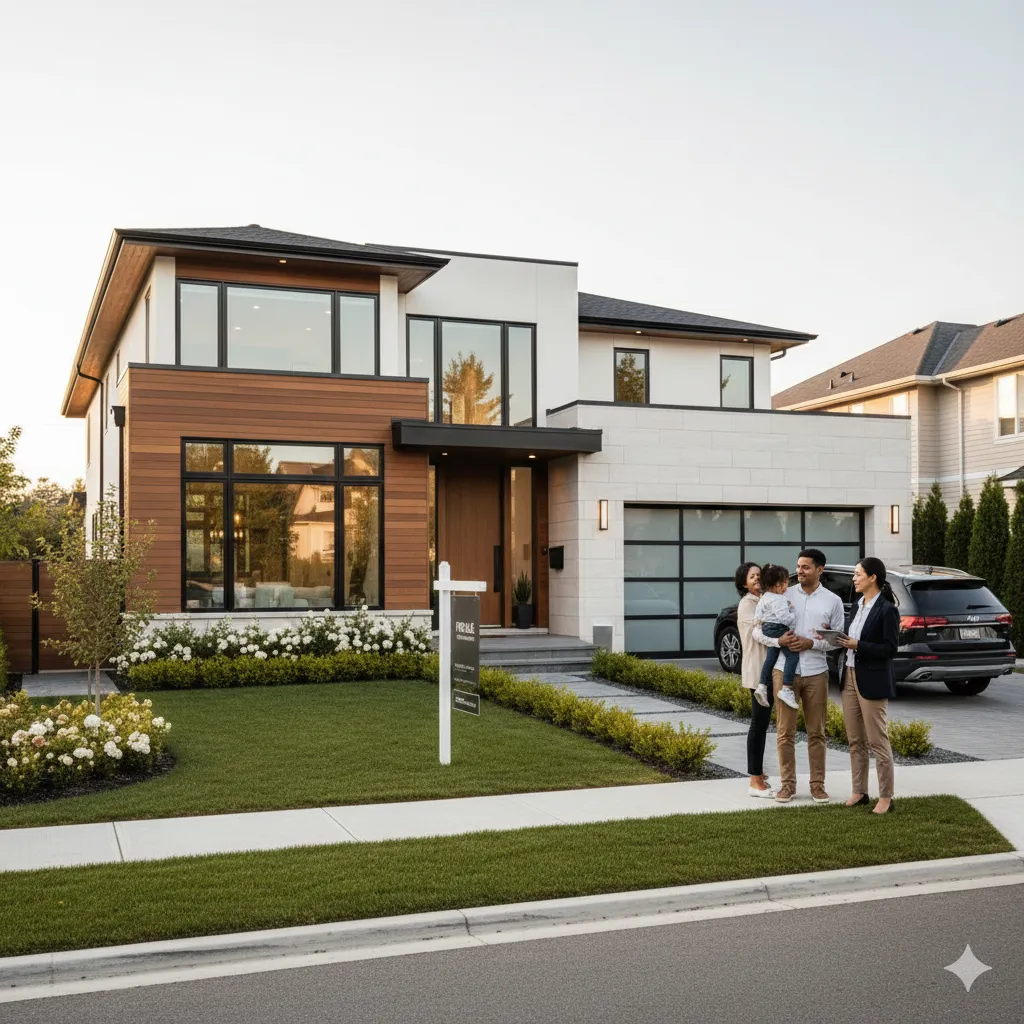 Young family with realtor viewing contemporary home exterior with landscaping and for sale sign