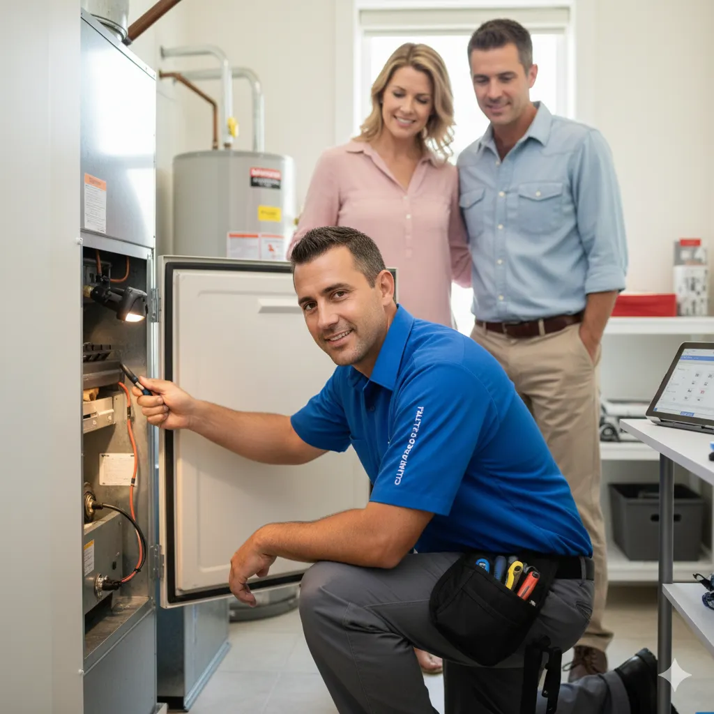 HVAC technician in blue polo repairing furnace unit with couple watching in modern utility room