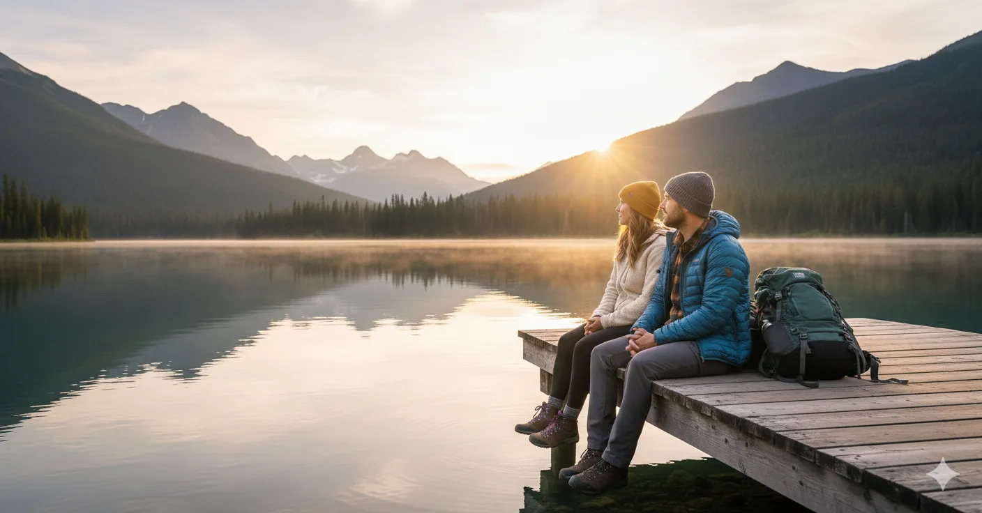 Couple in hiking gear sitting on wooden pier at calm mountain lake with misty mountains and sunrise in background