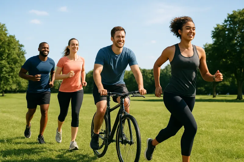 Four diverse friends jogging and cycling together in a sunny green park on a summer day