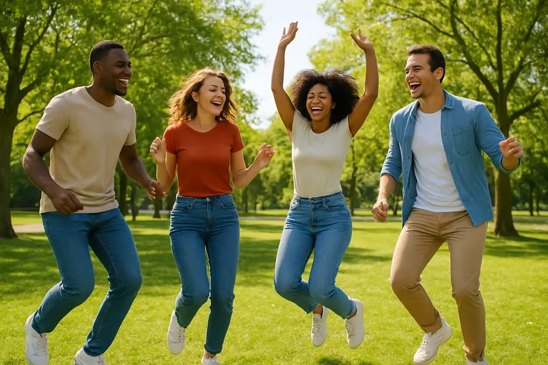 Four diverse friends jumping and laughing together in a green park on a sunny day