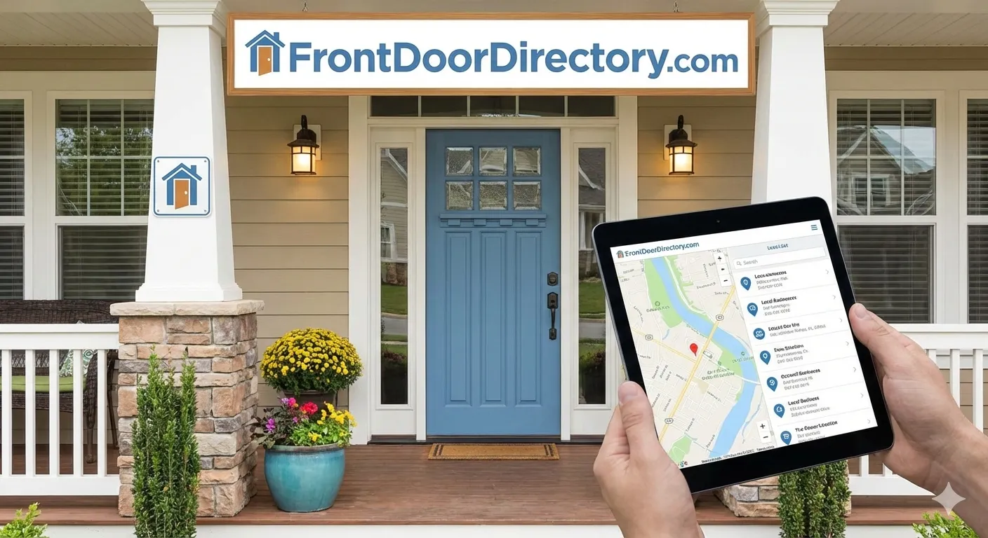 Beautiful home front porch with blue door, stone pillars, and hands holding tablet showing local business directory map