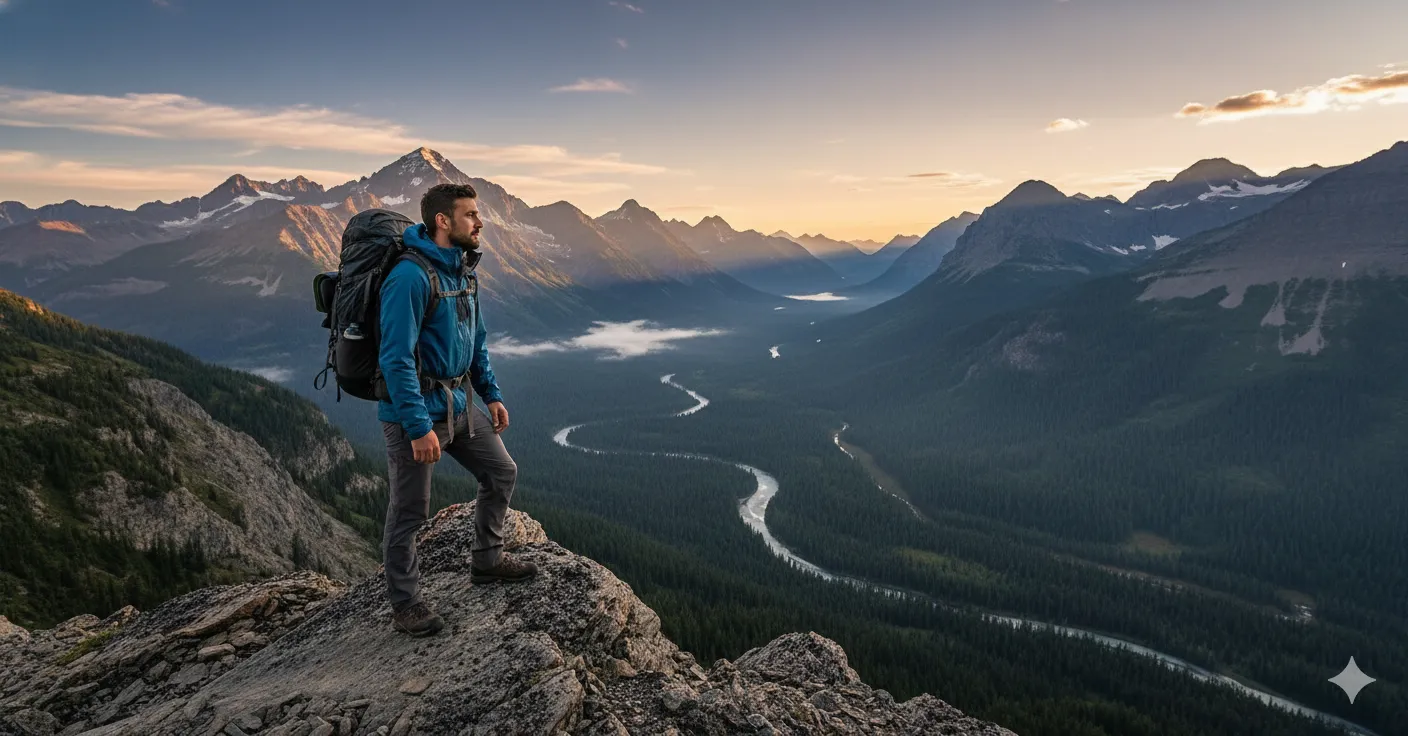 Man in blue jacket with backpack standing on mountain peak looking at river valley and snow-capped mountains at sunrise