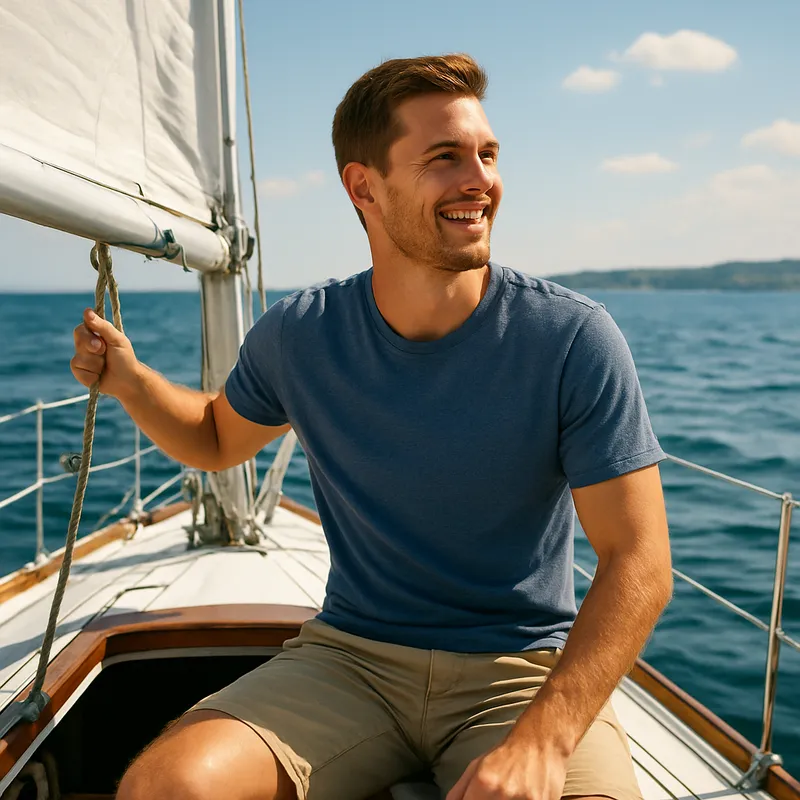 Happy man in blue shirt sitting on a wooden sailboat on the ocean on a clear day