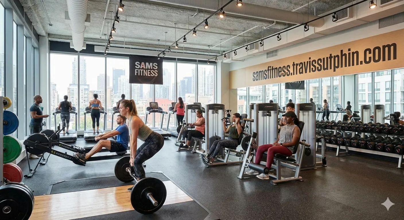 Modern gym interior with city skyline view, weight equipment, exercise bikes, and members working out