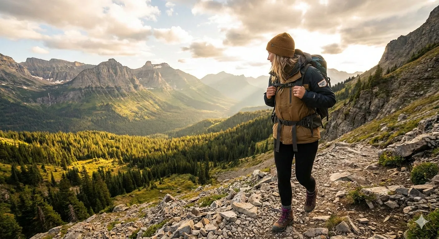 Woman with hiking backpack walking on rocky mountain trail overlooking forested valley at sunset